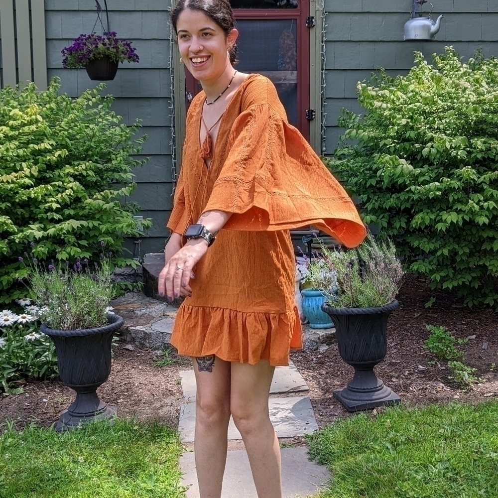 Storia Boho Dress Rust Orange Tassells Oversized Bell Sleeves Small Beautiful!!! - Picture 7 of 10
